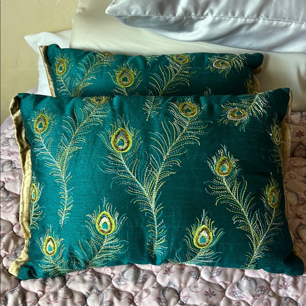 Pier‎ 1 Peacock Feather Embroidered Teal 2 pc. Pillow Set